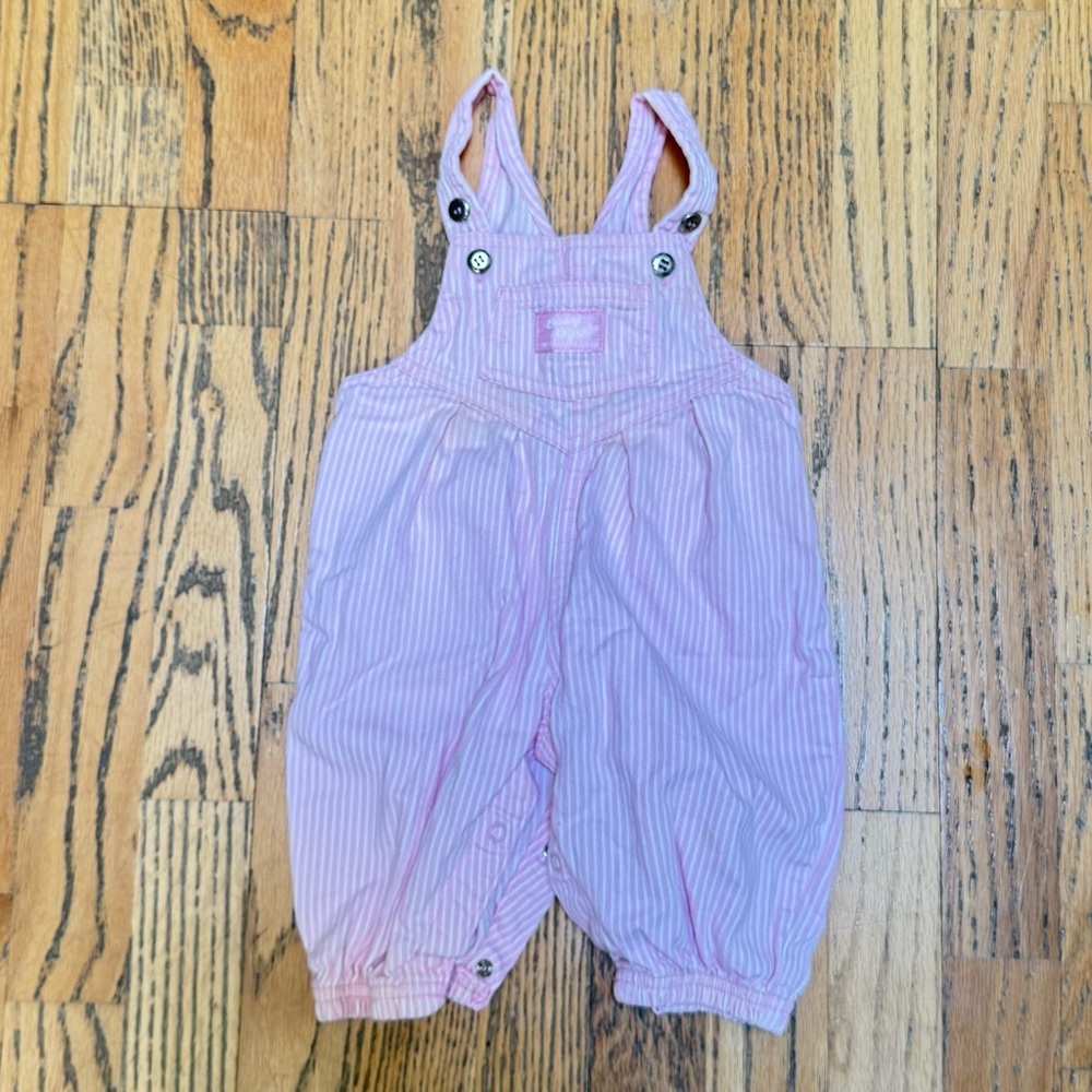 Vintage OshKosh Baby B’Gosh Girl Pink & White Striped Overalls Railroad 3-6 Mo
